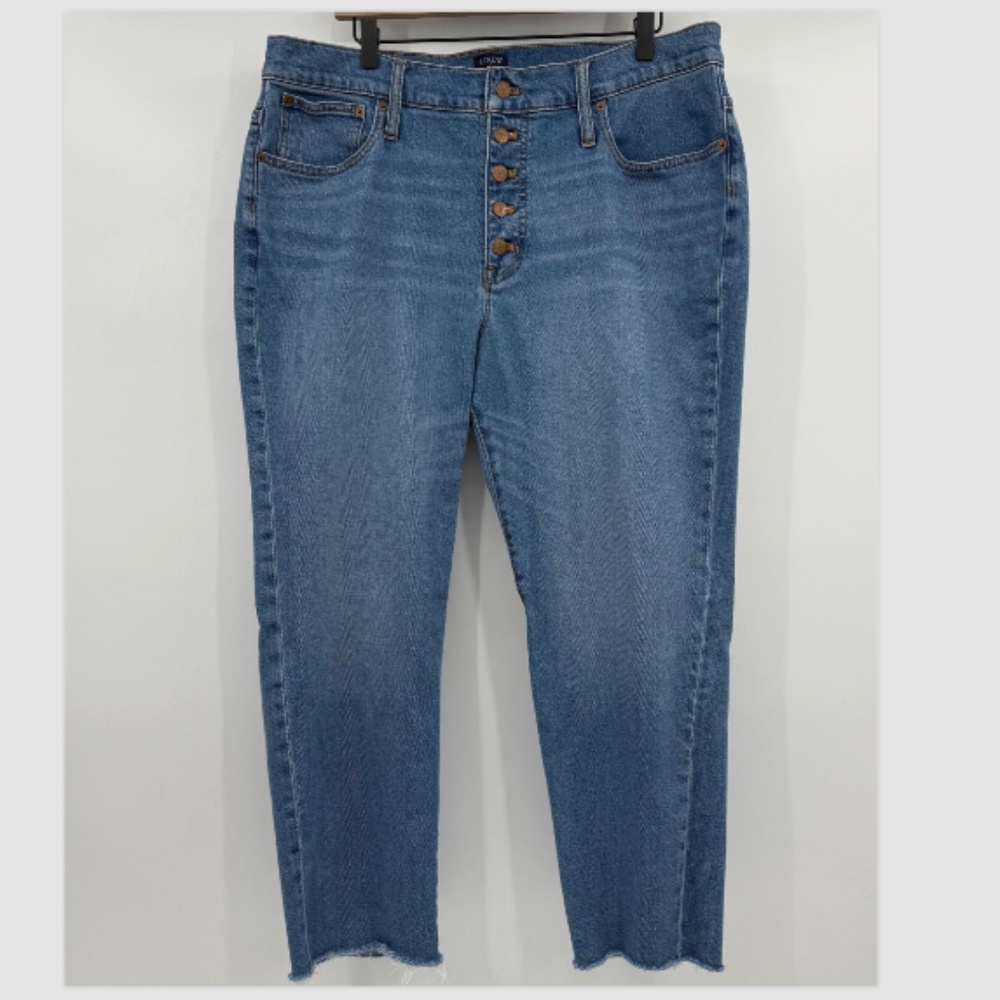 J Crew Jeans Women 34 Blue Essential Straight Button Fly Stretch Mid Rise Denim